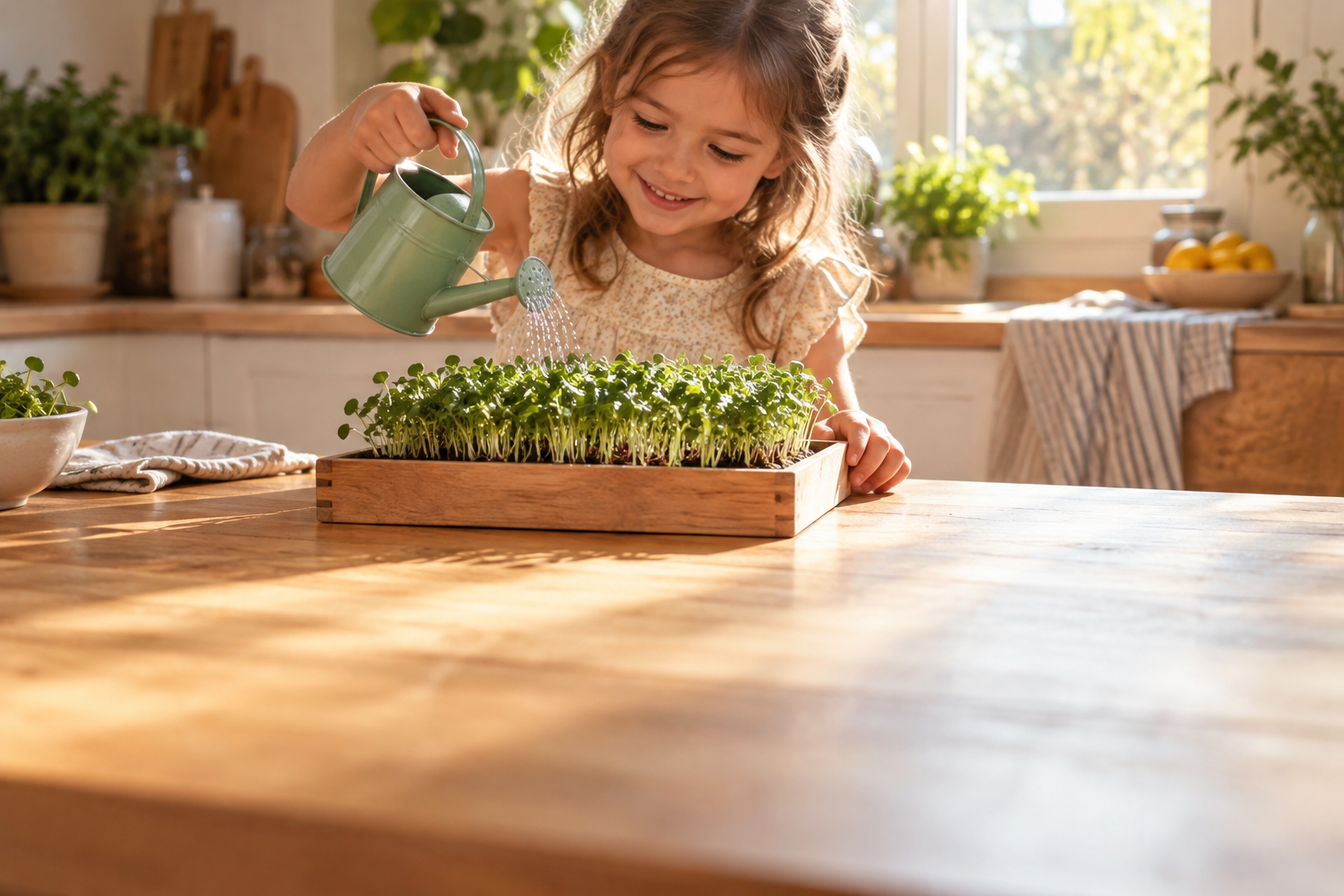 Illustrazione di una bambina che si prende cura dei microgreens